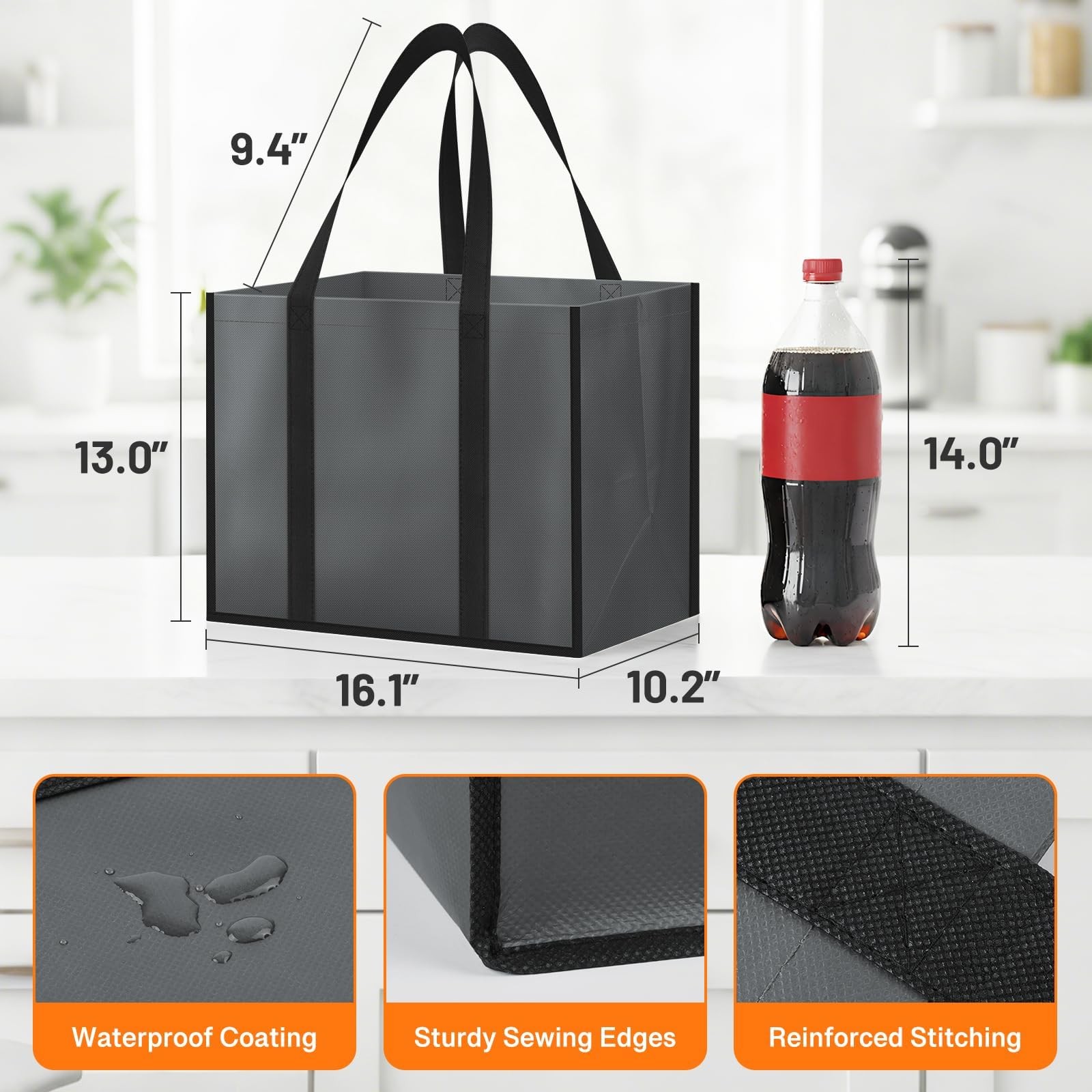 WISELIFE Reusable Grocery Bags, Foldable, Lasting Use, 35L, 3 Pack, Gray