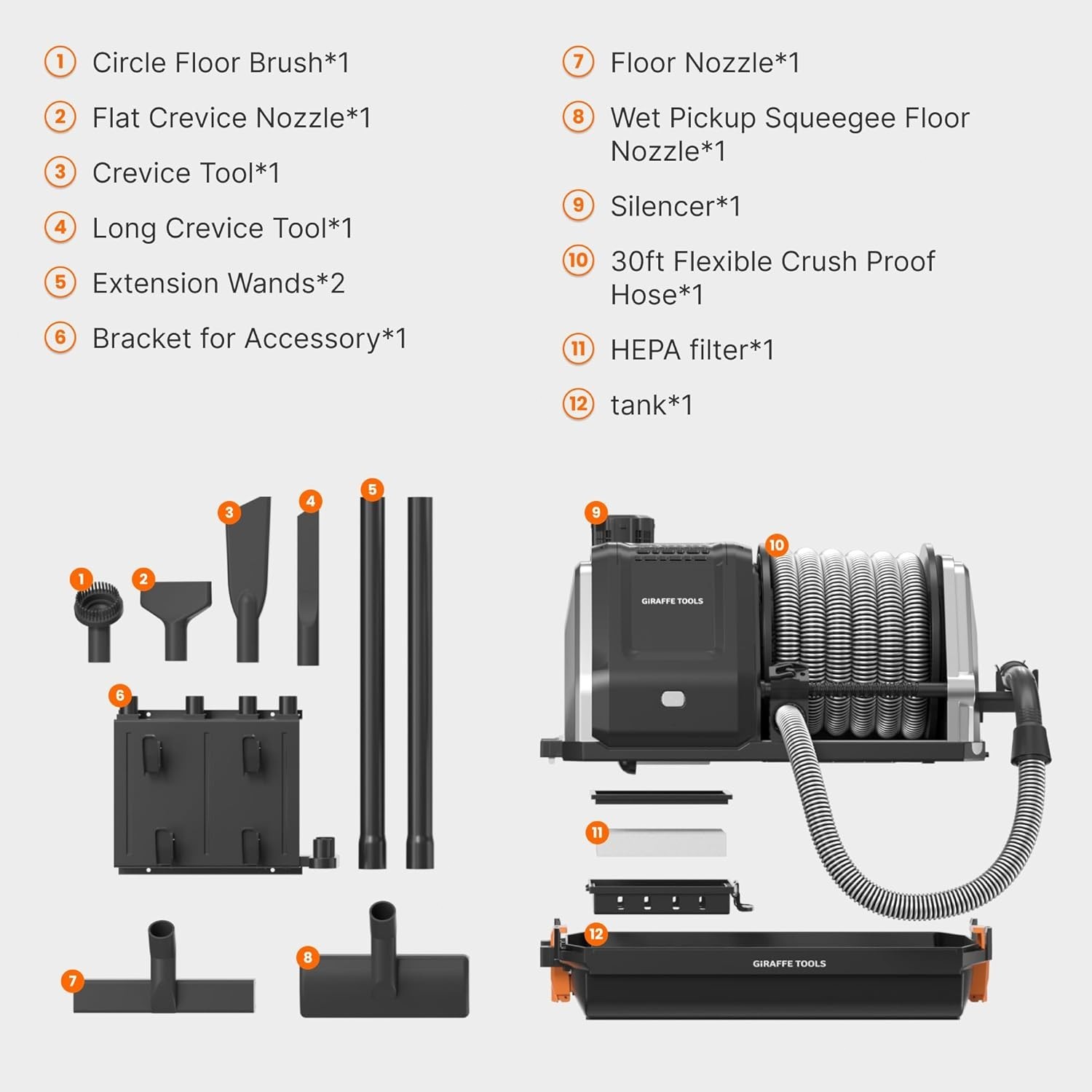 Giraffe Tools 1200W Wet Dry Vacuum Cleaner with 30FT Retractable Hose Wall mount