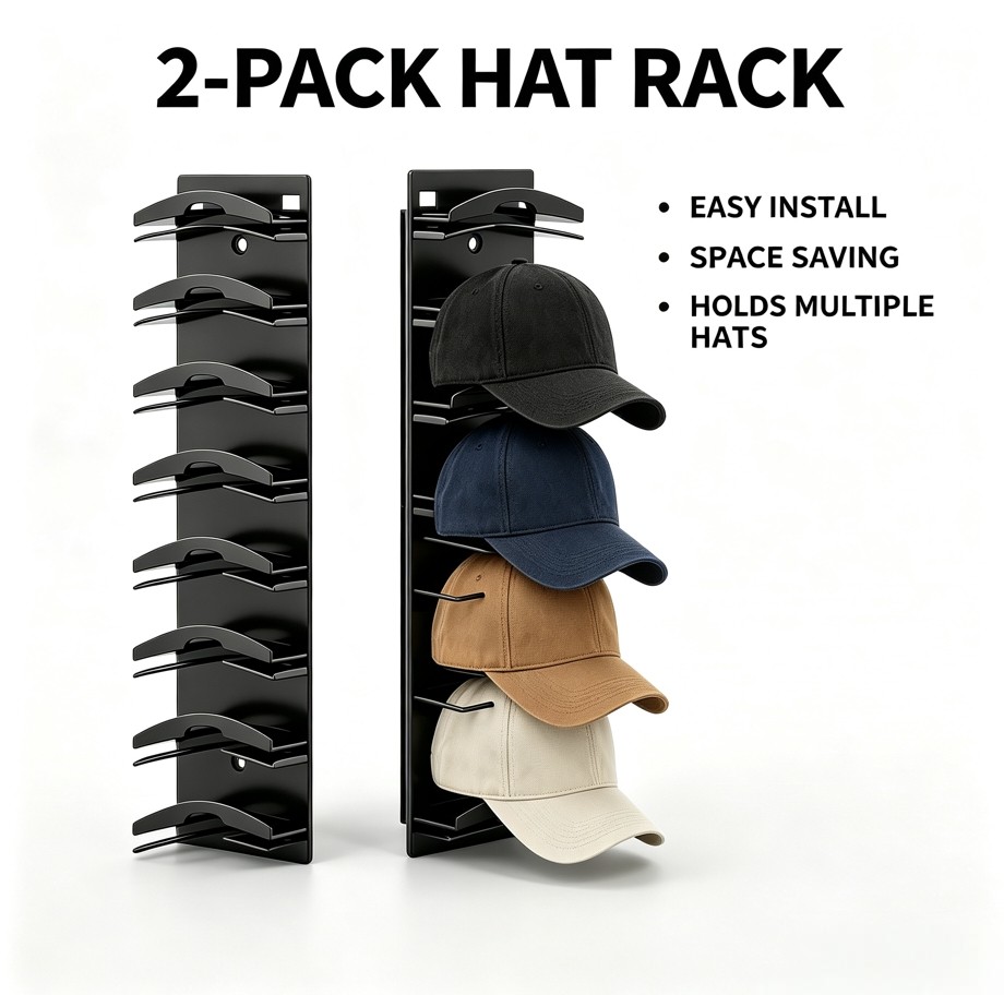 2 Pack Hat Organizer for Baseball Caps, Hat Rack for Wall with Strong Adhesive
