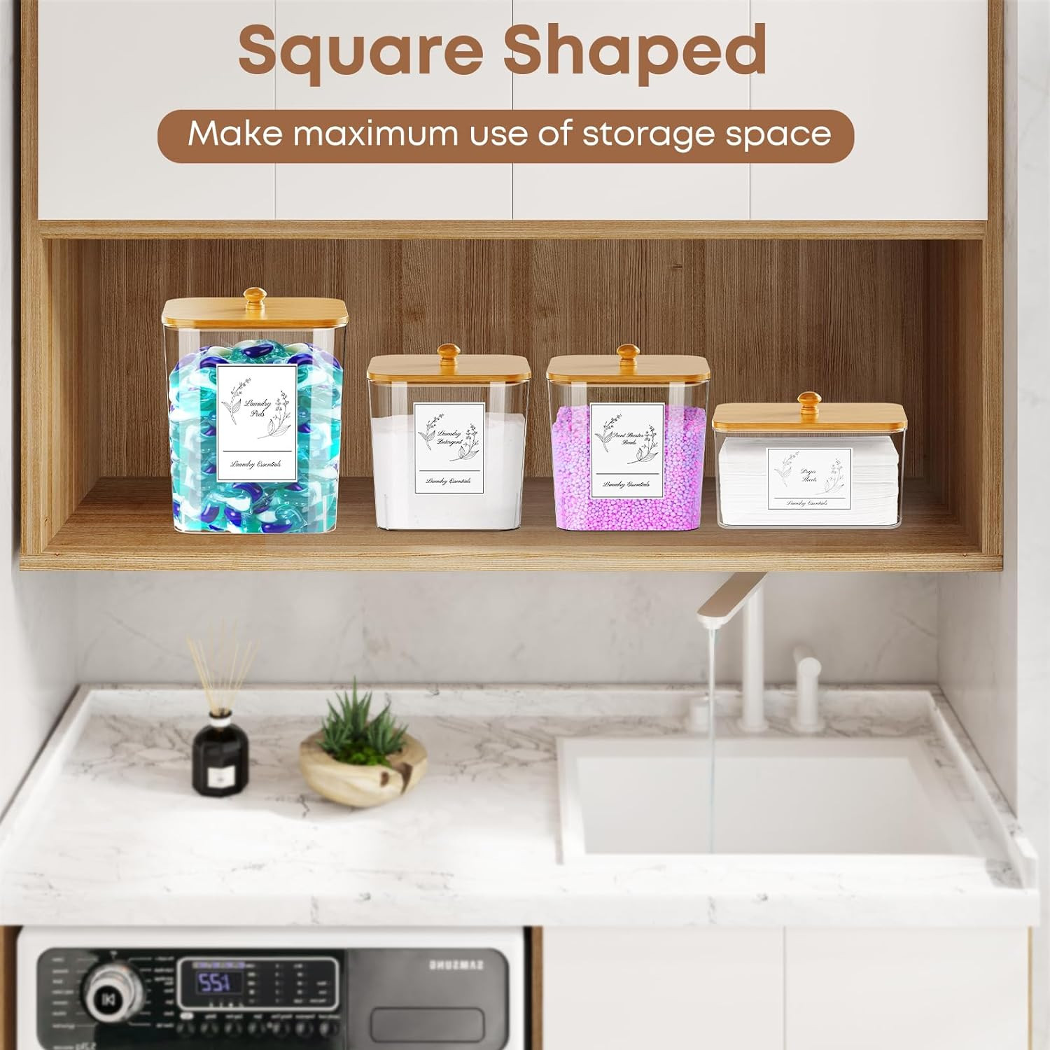4 Pack Clear Laundry Pods Container & Dryer Sheet Holder,Bamboo Lids | Clear Squ