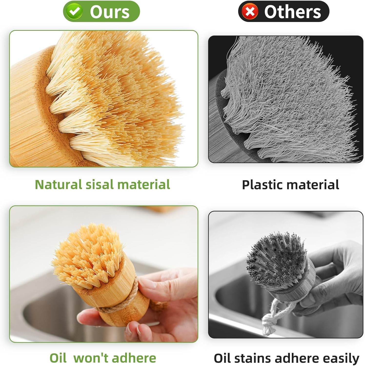 3 Pack Bamboo Dish Scrub Brushes Natural Sisal Kitchen Cleaning Brushes
