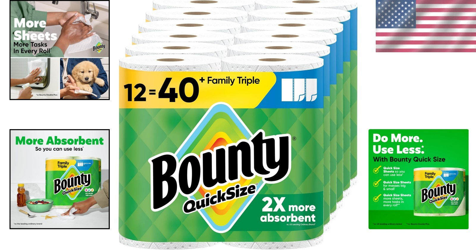 Quick-Size Paper Towels, 12 Family Triple Rolls = 40 Rolls – Super Absorbent