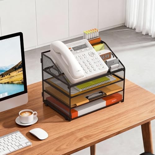 4 Tier Metal Mesh Desk File Organizer with Phone 12.6″ x 9.1″ x 10.3″ Black