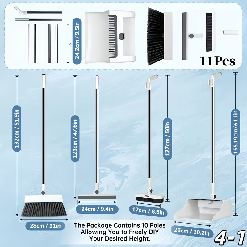 3-in-1 Long Handle Broom and Dustpan Set Foldable Upright Floor Sweeper