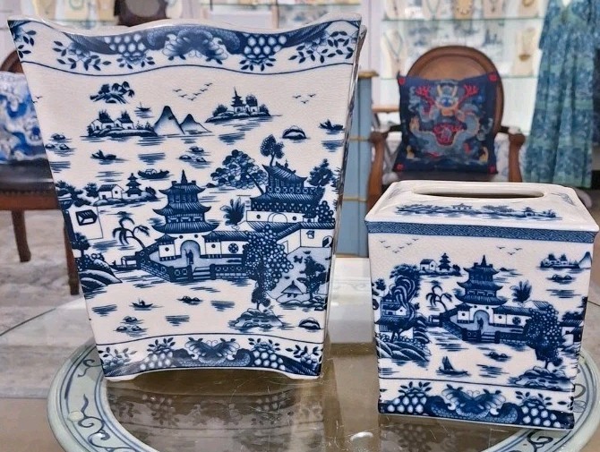 Blue And White Willow Chinoiserie Porcelain Wastebasket Trash Can-10″ X 12″H