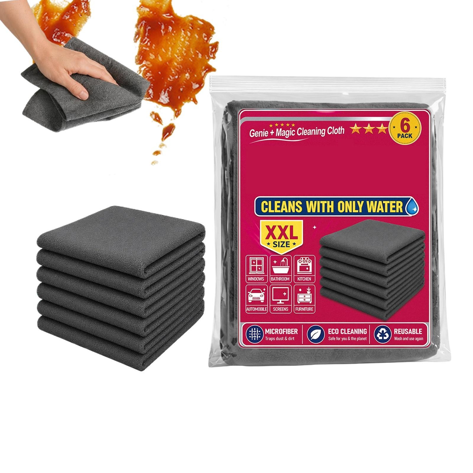 Genie Magic Cleaning Cloth, 6 Pack Microfiber Cleaning Cloths, Streak-Free & Lin
