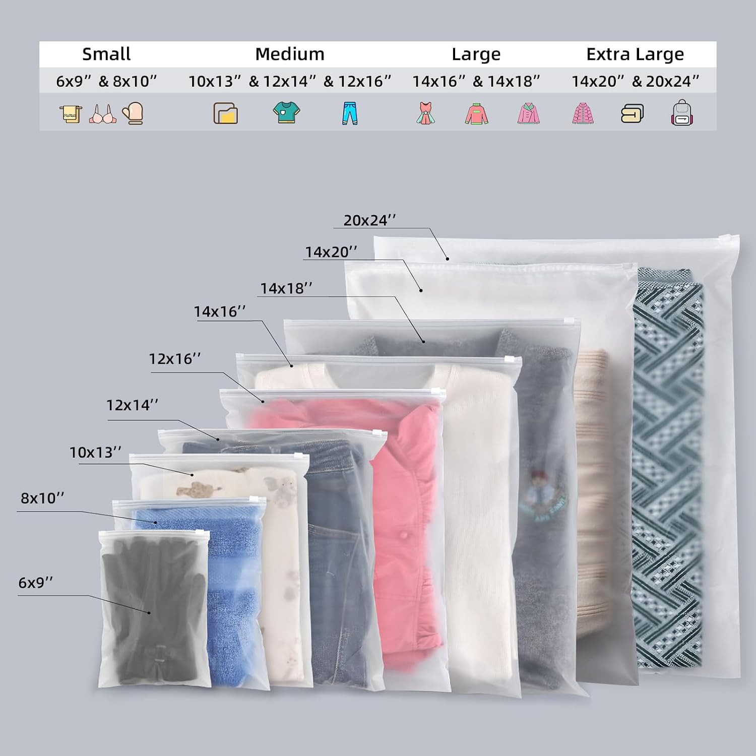 14X16 Inch Plastic Bags for Clothes Frosted Bags 50Pcs No Vent Holes | Zipper Po