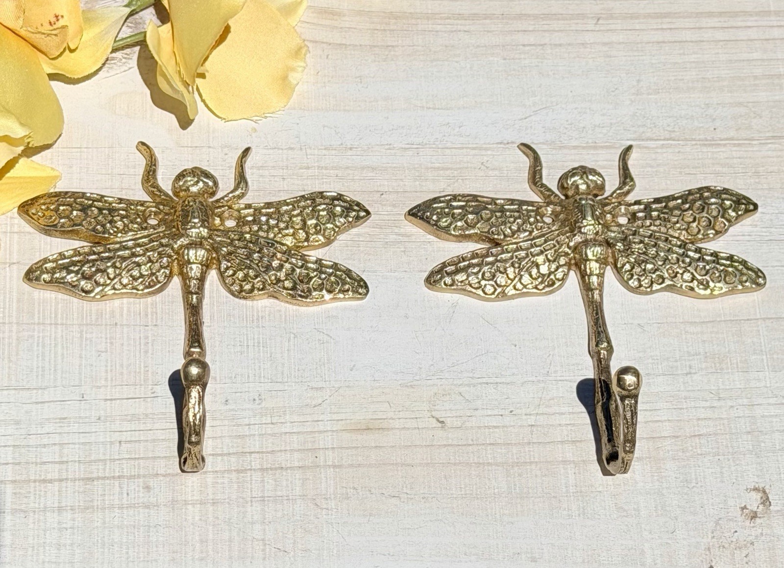 Gold Metal Wall Hook Dragonfly Polished Finish Set of 2 Art Nouveau Wall Mounted