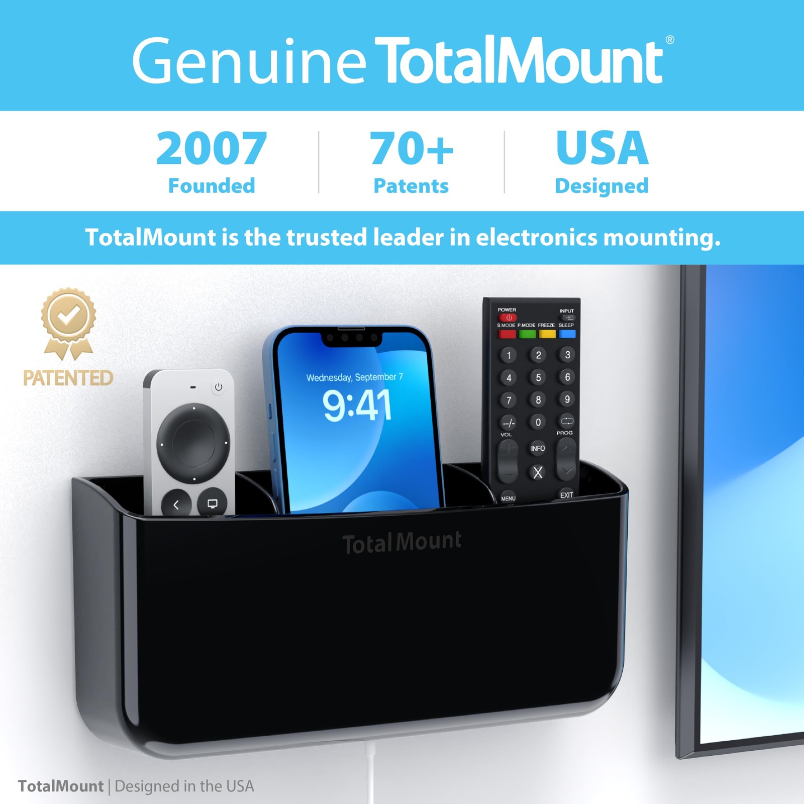 HoleFree Remote Holder Wall Mount No Drill Premium Black Caddy For 34 Remotes