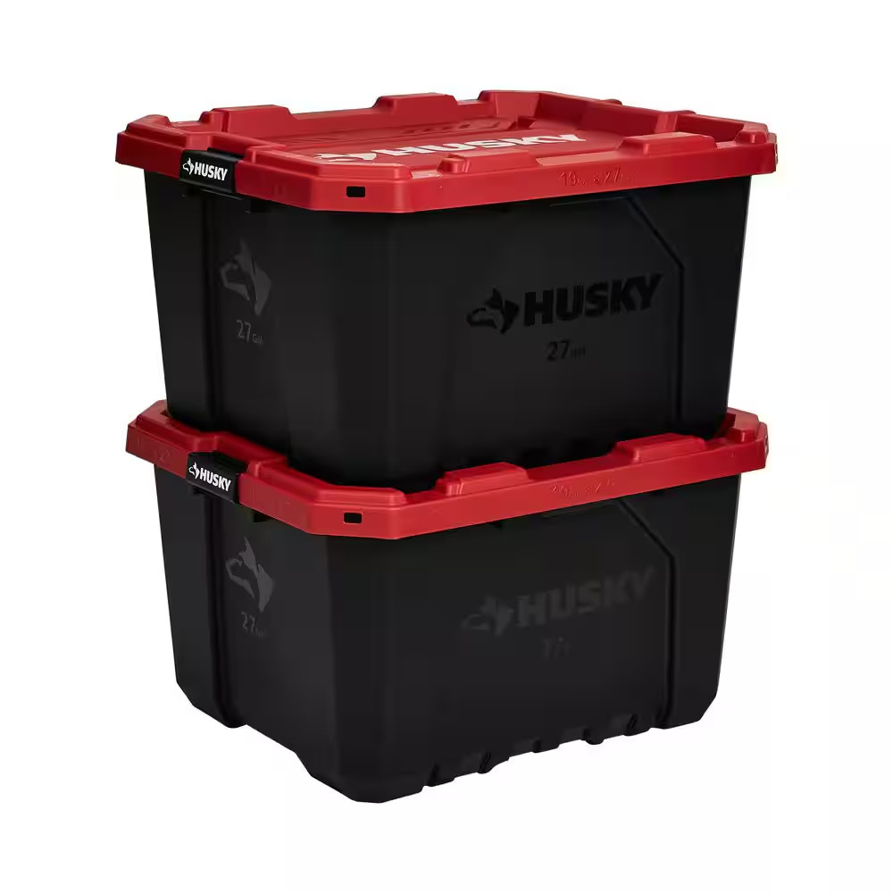 Husky 27 Gallon Storage Tote Bin Heavy Duty Stackable Lockable Lid Black Red