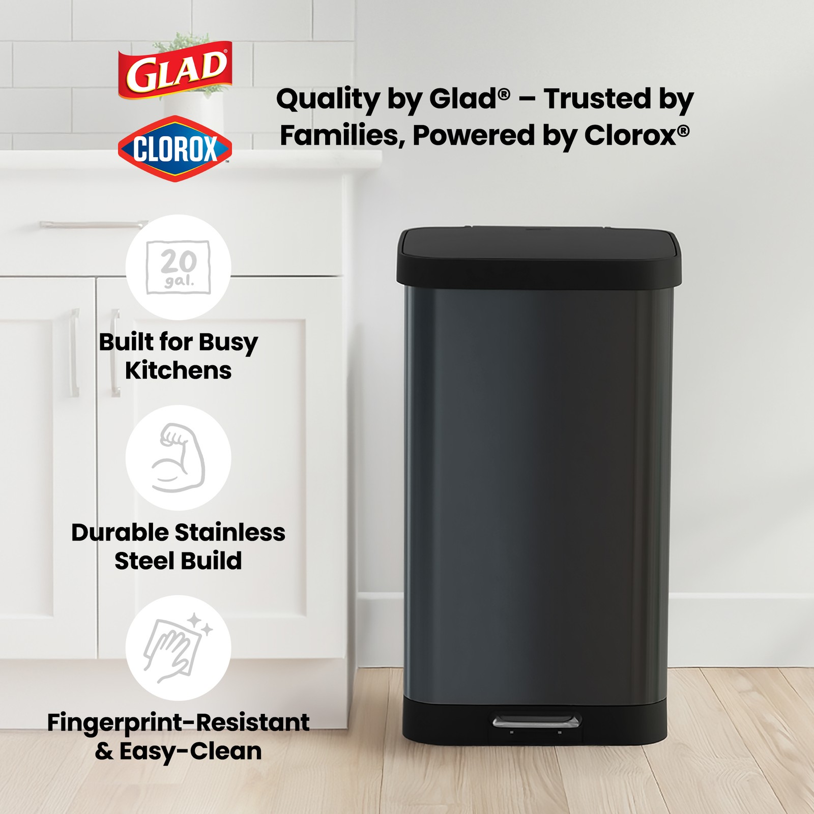 Glad Step Trash Can, Soft Close Lid Bin with Odor Protection, 20 Gallon, Pewter