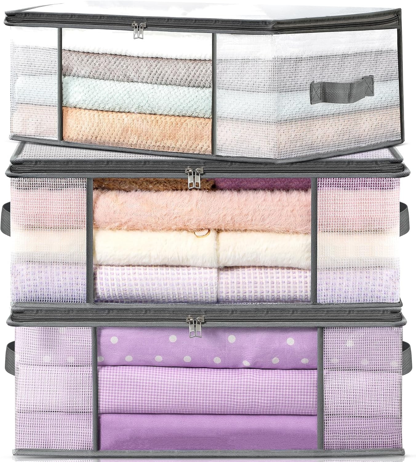 3-Pack Clothes Storage Bags, Plastic Foldable Blanket Storage bins, Closet Or…