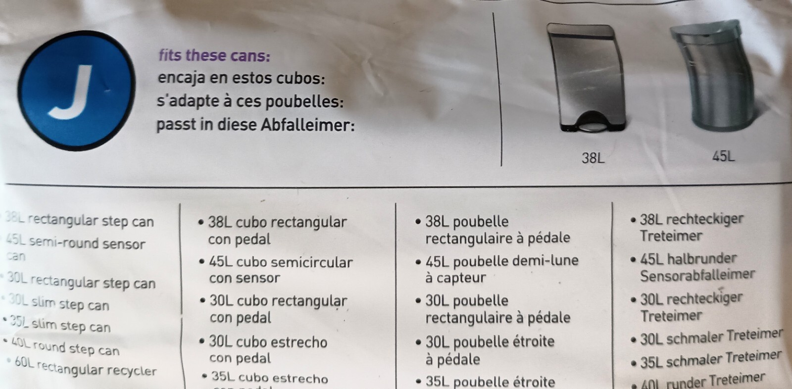6 Pack SimpleHuman Custom Fit Liners Code J 30-45L 8-12 Gal. US 120 Trash Bags
