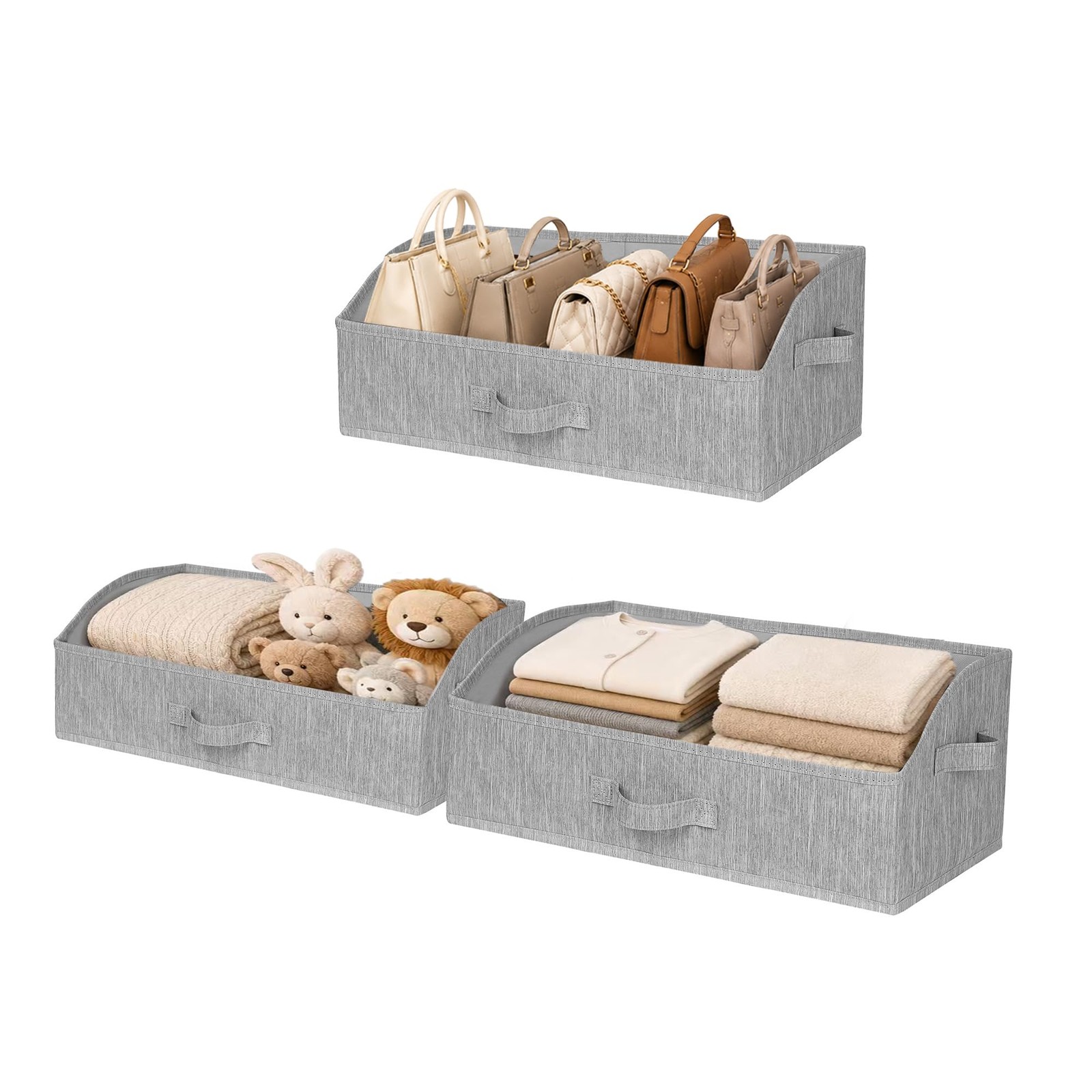 Trapezoid Storage Bins Closet Organizers Fabric Bins Handles Light Gray