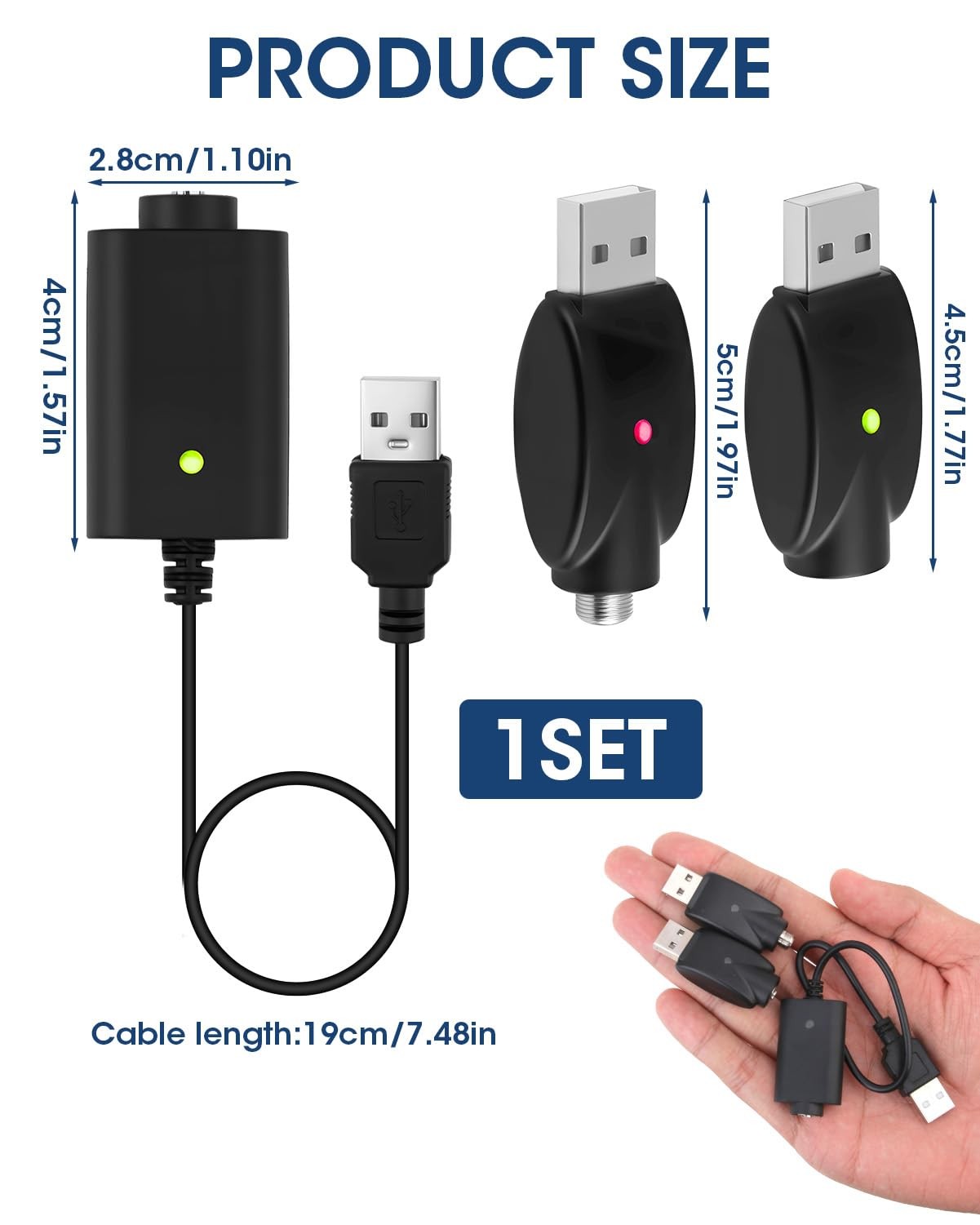 3 Pack Smart USB Charger Cable Adaptor with LED Indicator Compatible Black