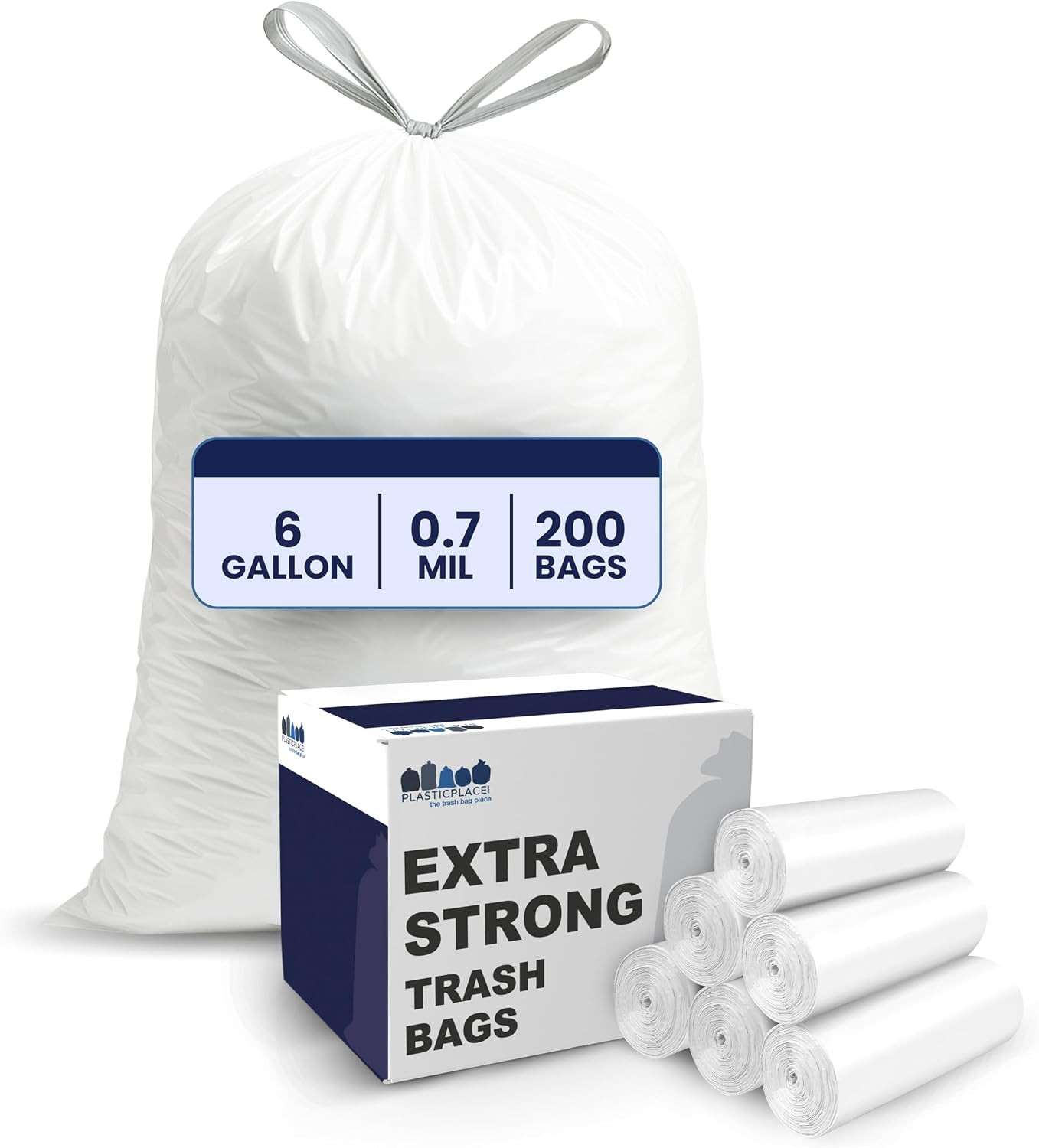 4 – 6 Gallon White Drawstring Bags, 100% Prime Material, 17X20, 0.7 Mil, 200/Cas