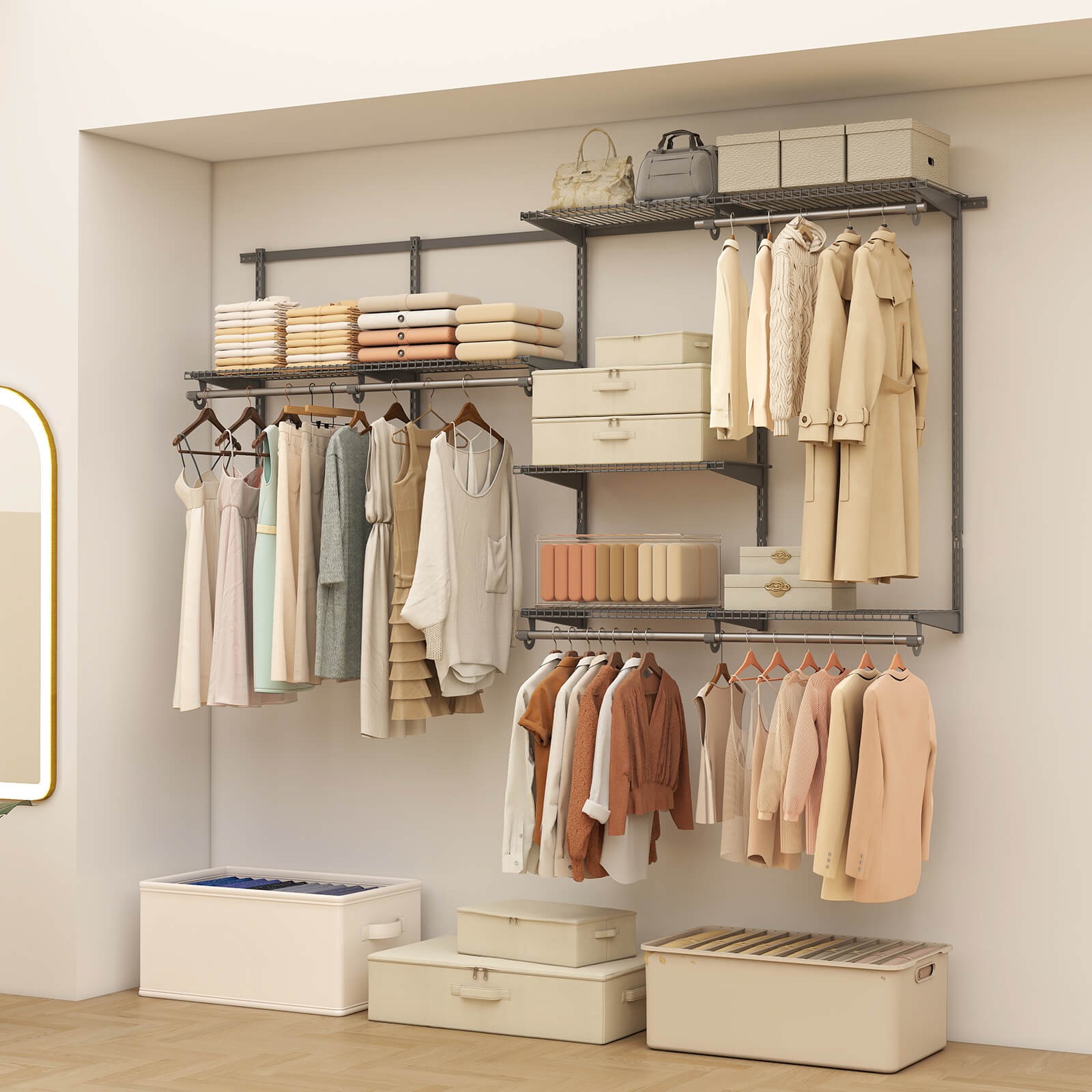 4-8 FT Wall-Mounted Closet Organizers and Storage System w/ Hanging Rod