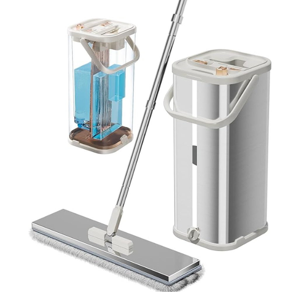 Stainless Steel Flat Mop Bucket Set Wringer 1/2/4/6 Pads Clean Dirty