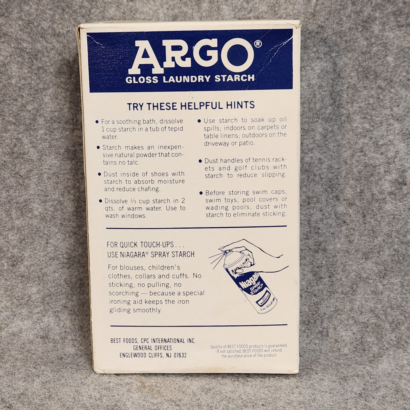 ARGO Gloss Laundry Starch Blue, Removes Greasy Spots 16oz Partial Box PROP