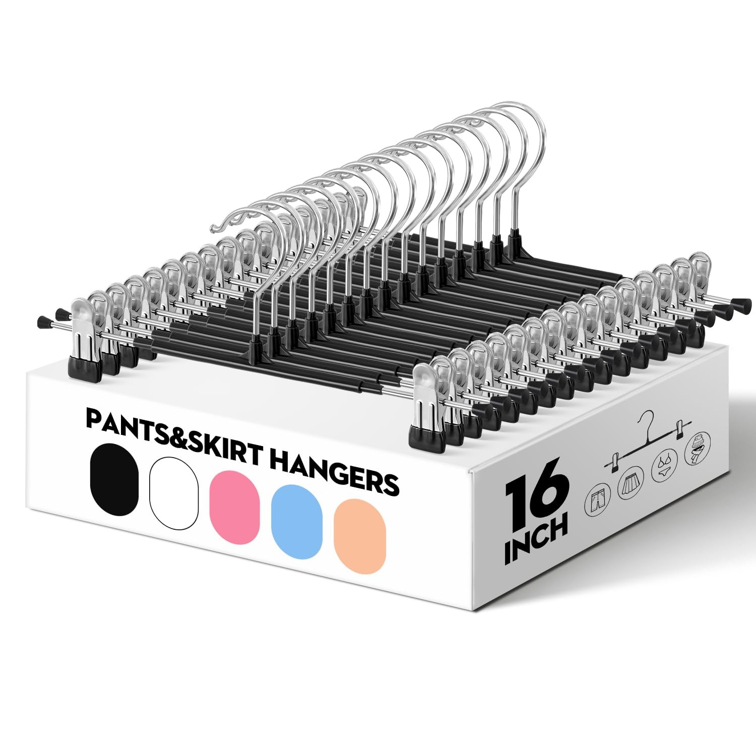 16 Inch Extra Wide Pants Skirt Hangers with Clips,Black,20 Pack