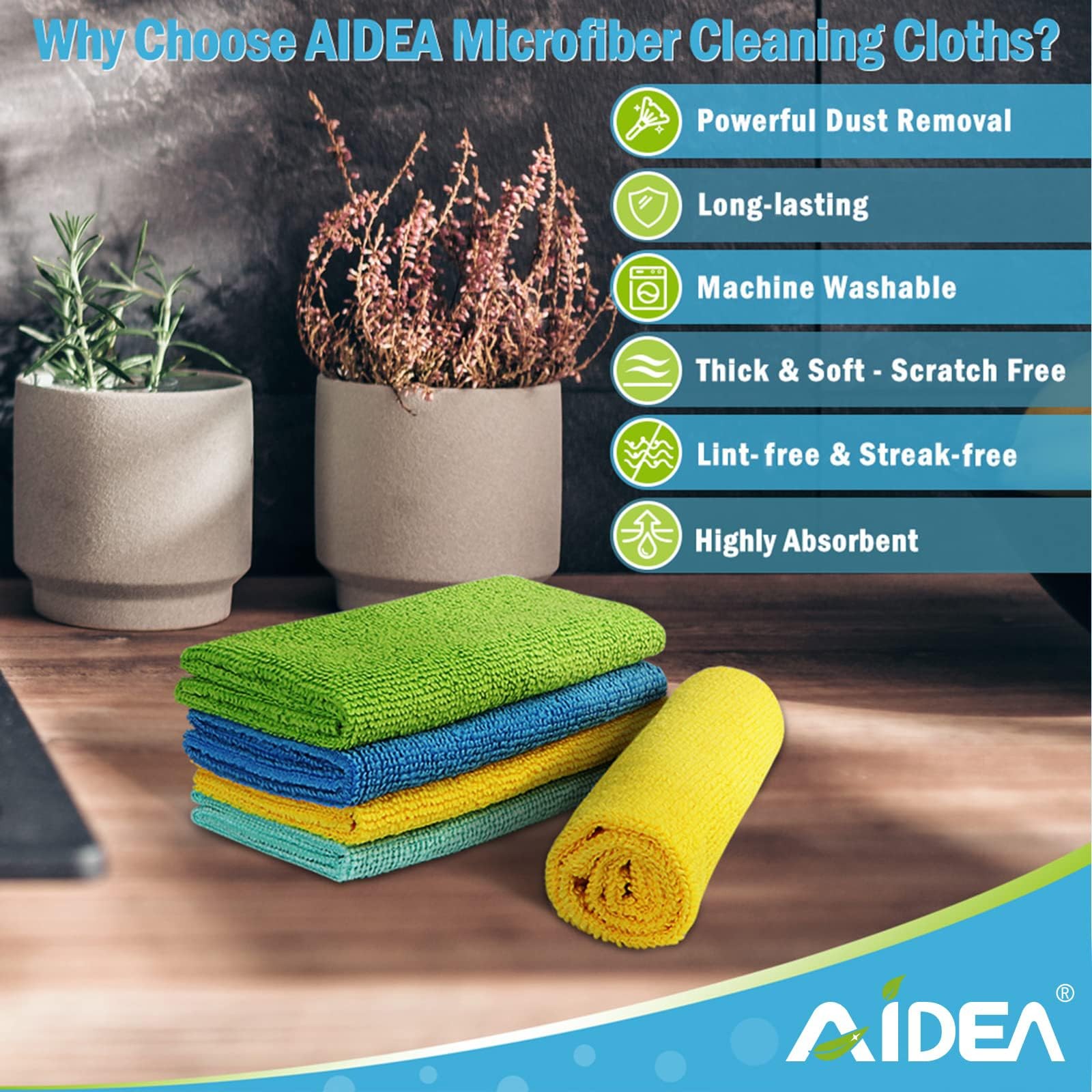 AIDEA Microfiber Cleaning Cloth, 10PK, Soft Absorbent 12″×12″, Blue/Yellow
