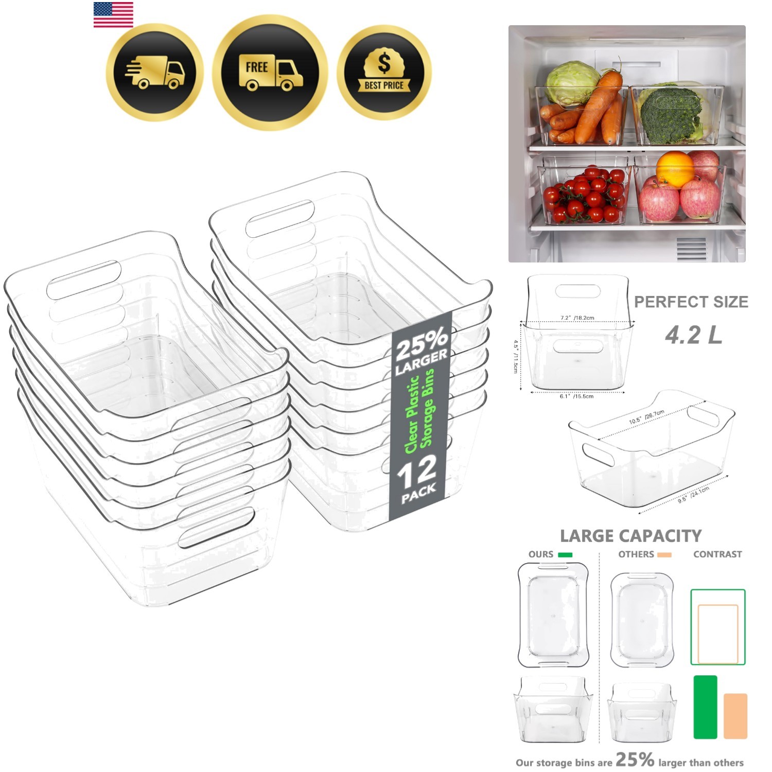 Plastic Storage Bins Set of 12 Clear Organizers Pantry Kitchen Office Storage