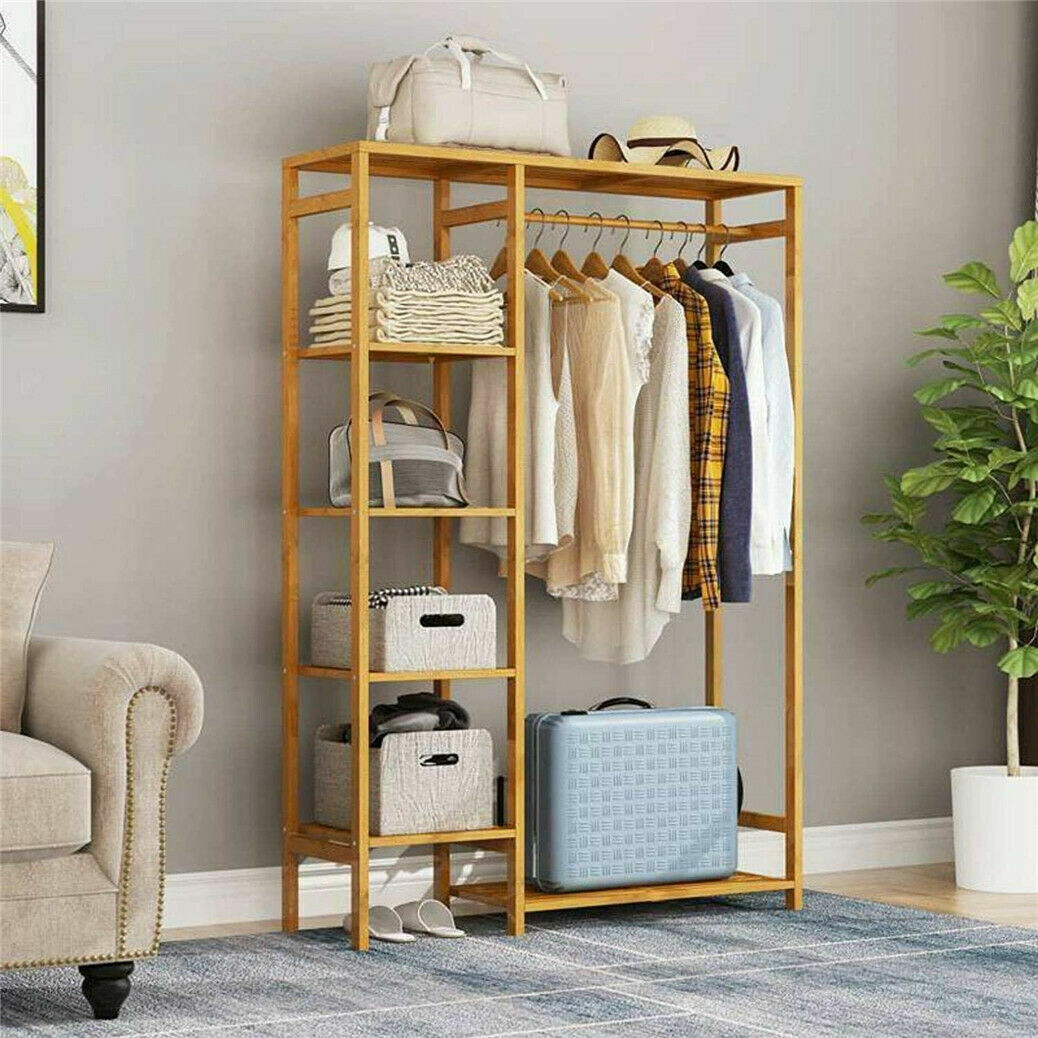 Bamboo Wood Garment Rack Clothes Hanging Stand Shoe Coat Storage Organizer Shelf