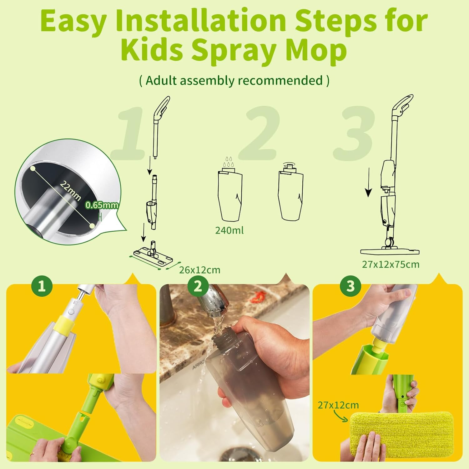 Kids Spray Mop, Fun & Functional Toddler Mop Cleaning Set,Real Working Mini Mop,