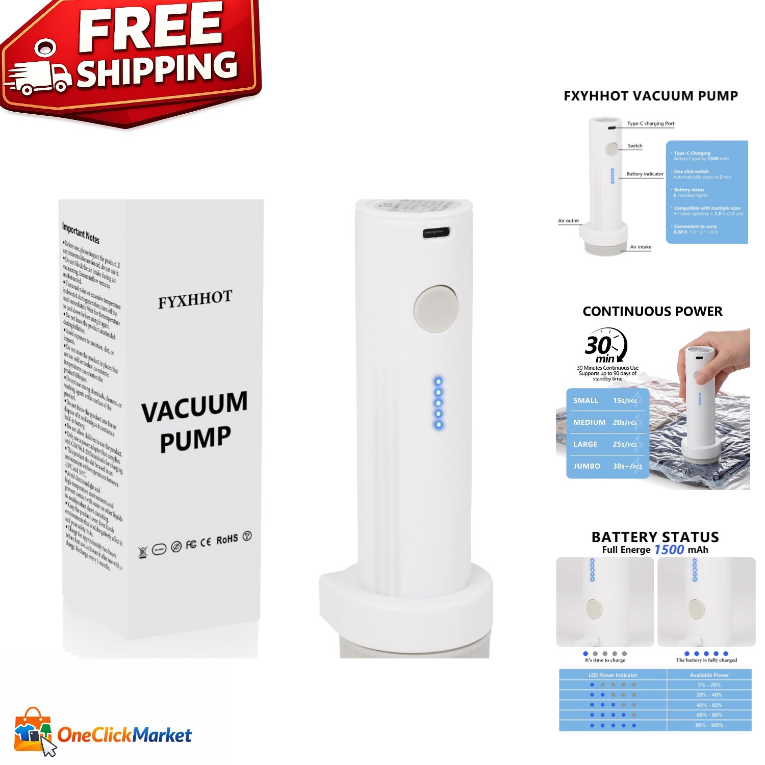 Cordless Electric Vacuum Pump for Vacuum Storage Bags Travel Air Pump, Portab…