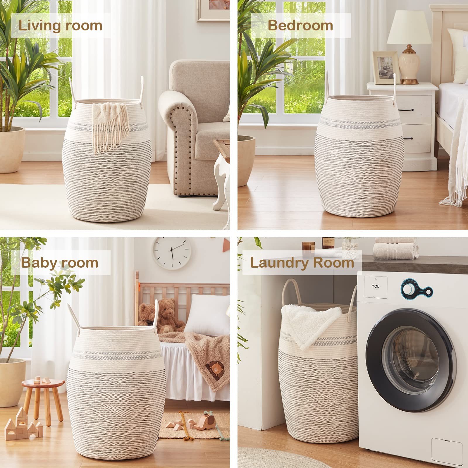 Laundry Hamper Woven Cotton Rope Large Clothes Hamper 25.6″ Height Tall Laund…