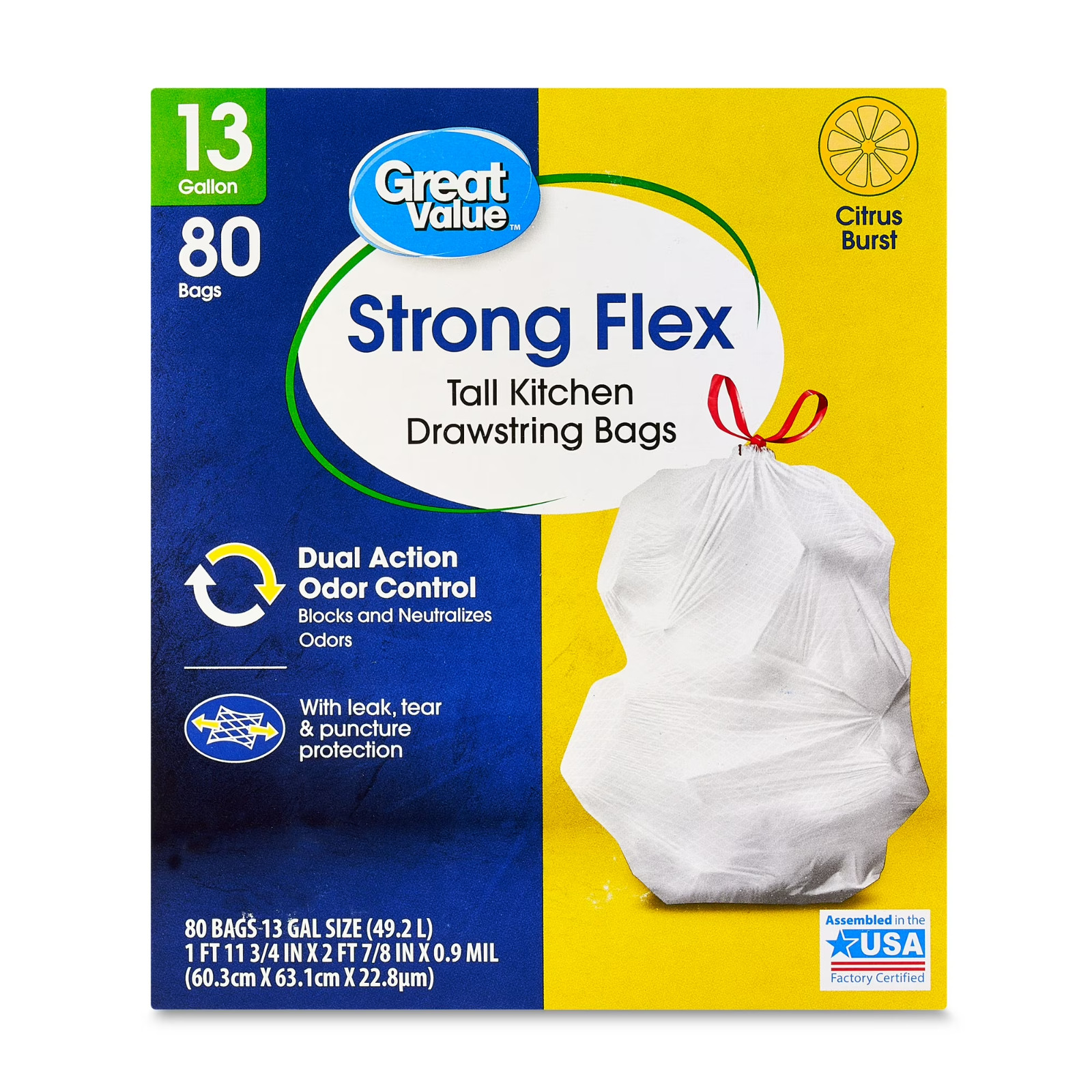 Great Value Strong Flex 13-Gallon Drawstring Tall Kitchen Trash Bags, Citrus Bur
