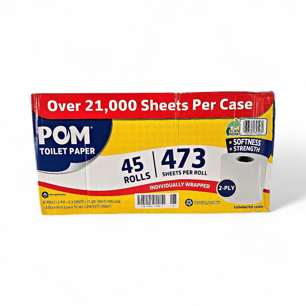 POM 2-Ply Toilet Paper Rolls Individually Wrapped Bathroom Tissue – 45 Count