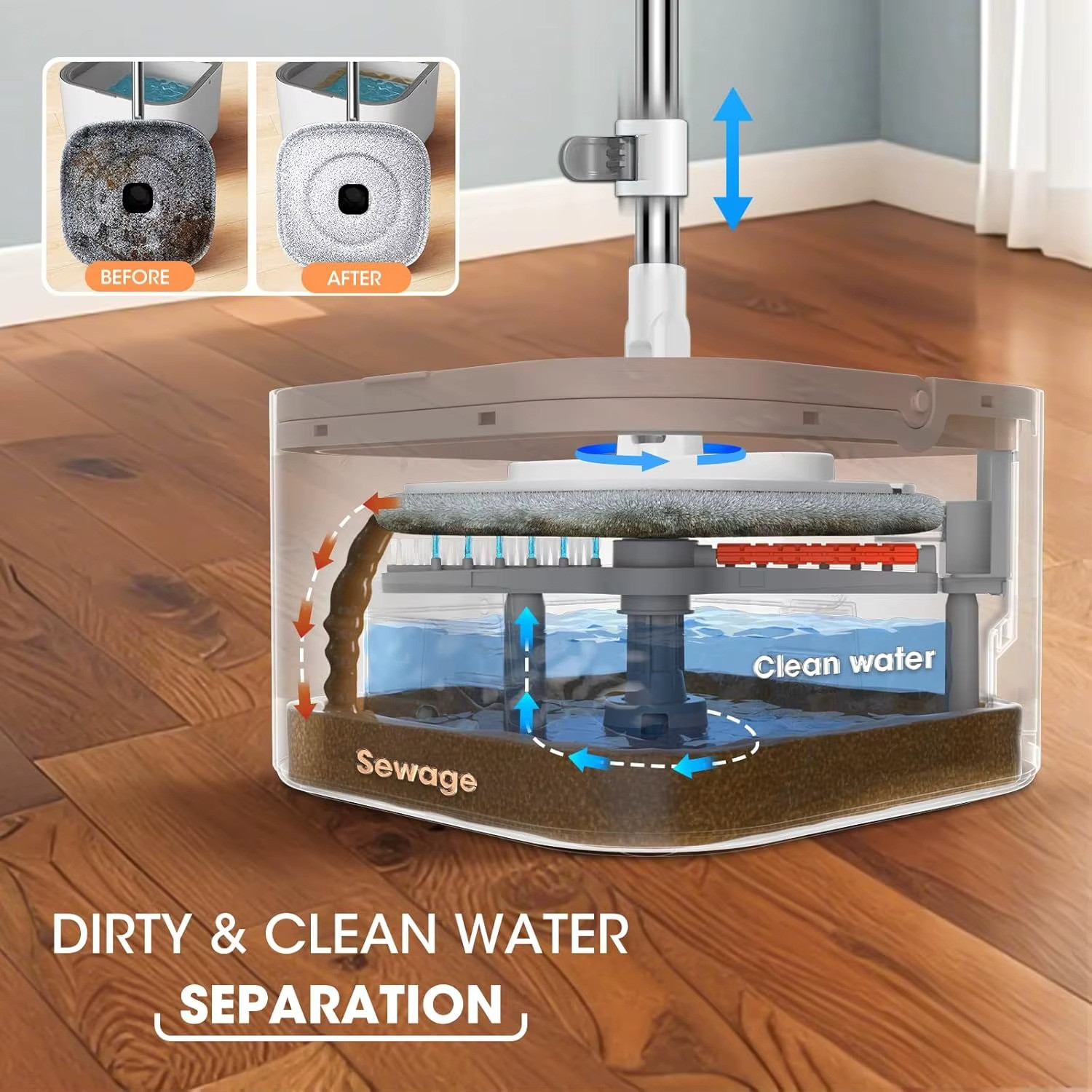 Round Flat Spin Mop Bucket Set Self Wringing Floor Cleaning System with 3 Pads