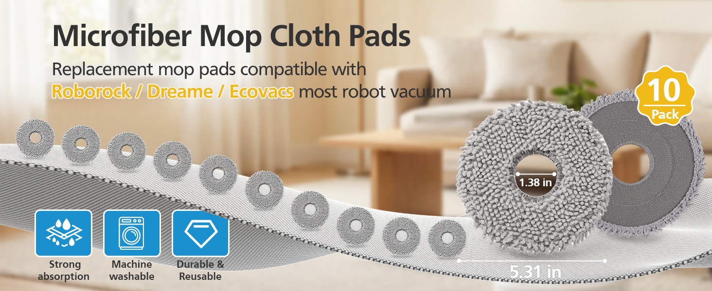 10 Pack Mop Pads for Roborock Qrevo S Pro, Qrevo S5V, QV 35A, Saros 10R | and