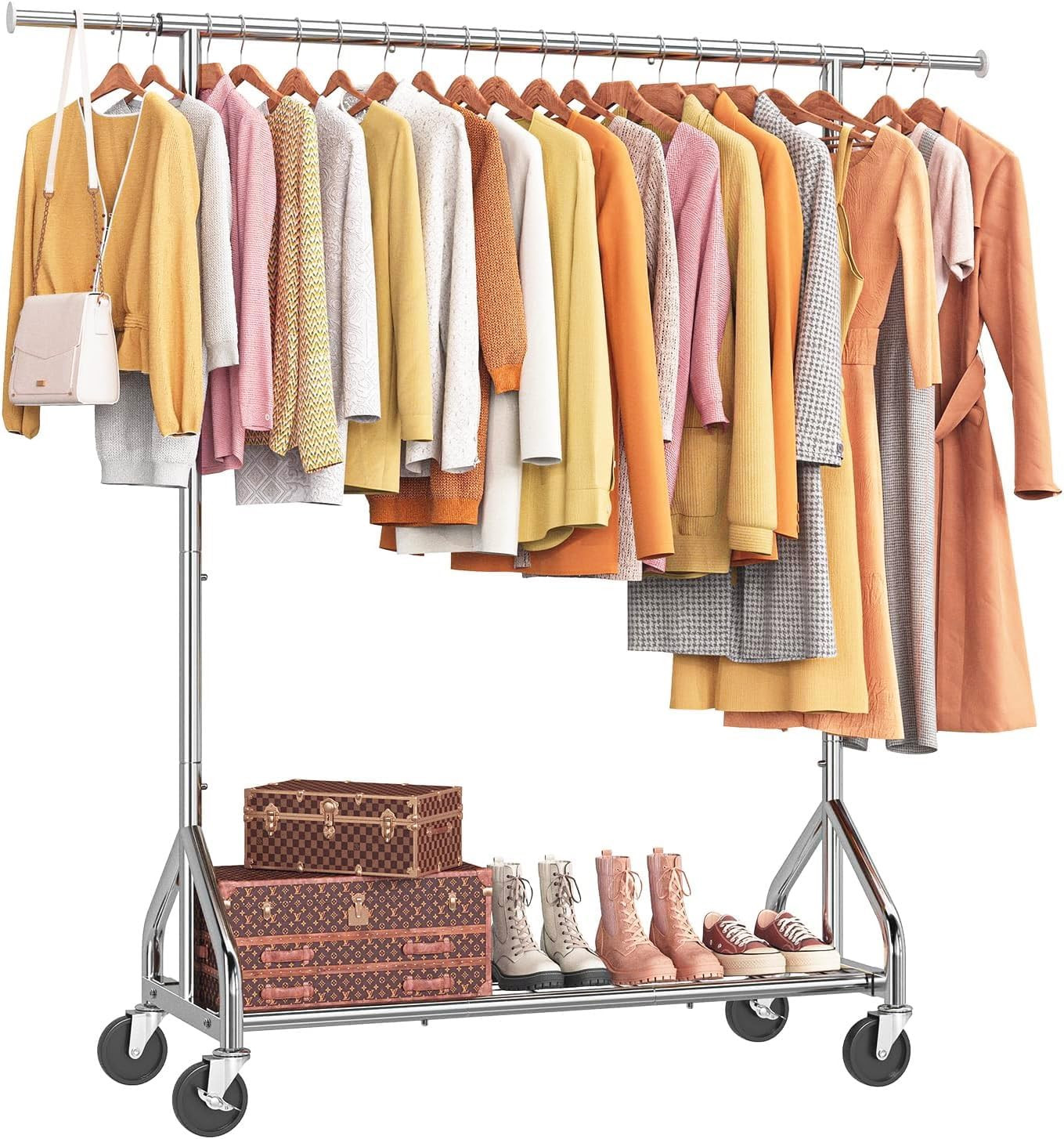 Sturdy 450 LBS Heavy Duty Clothes Rack with Wheels & Shelves for Any Room