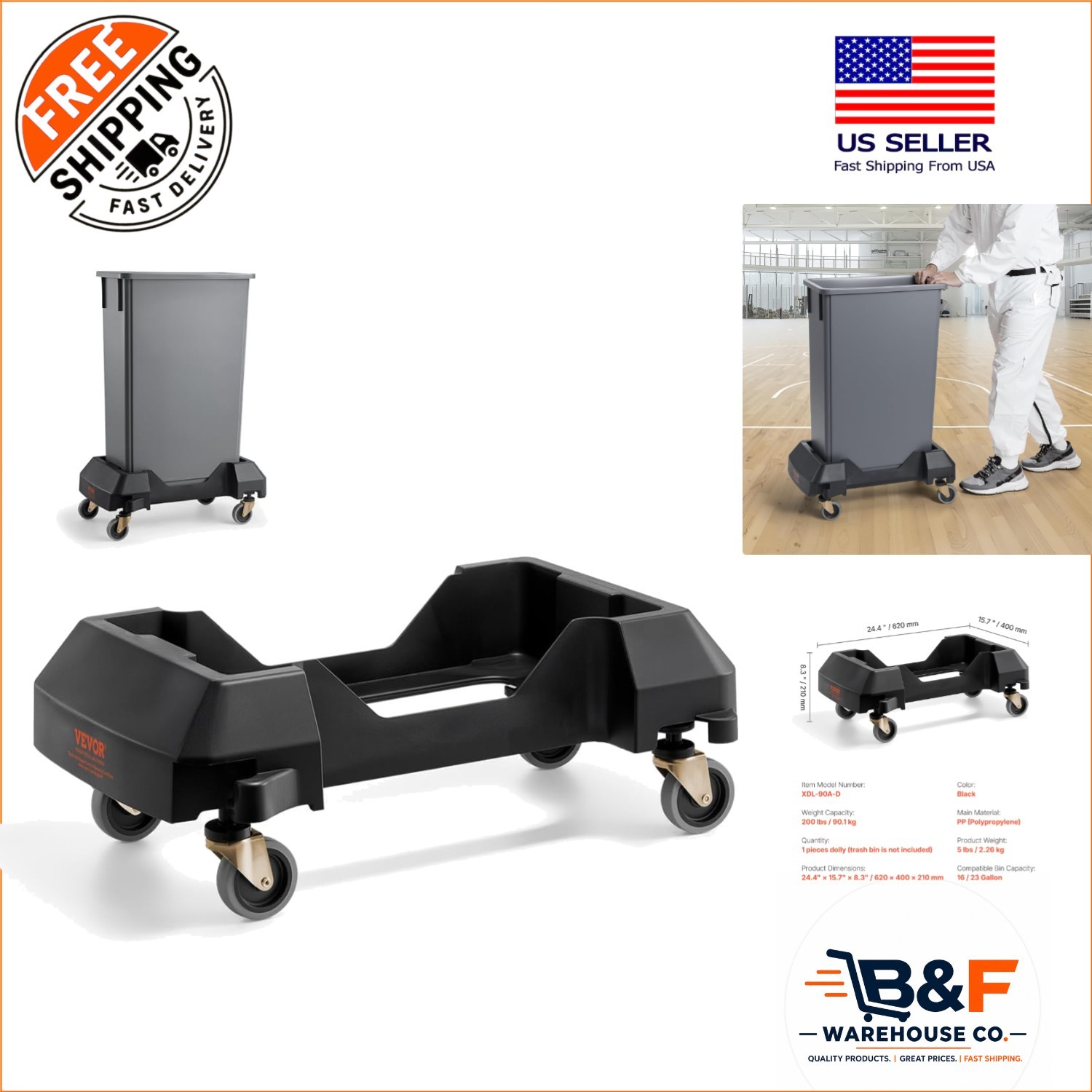 Heavy-Duty 200 LB Trash Can Dolly for 16/23 Gallon Bins – Smooth Rolling Design
