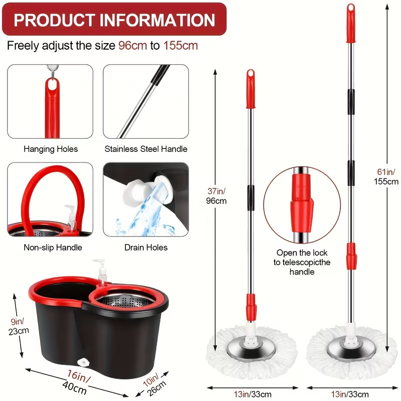 Spin Mop And Bucket with 360° Spinning with 3 Microfiber Mop Replacement Heads