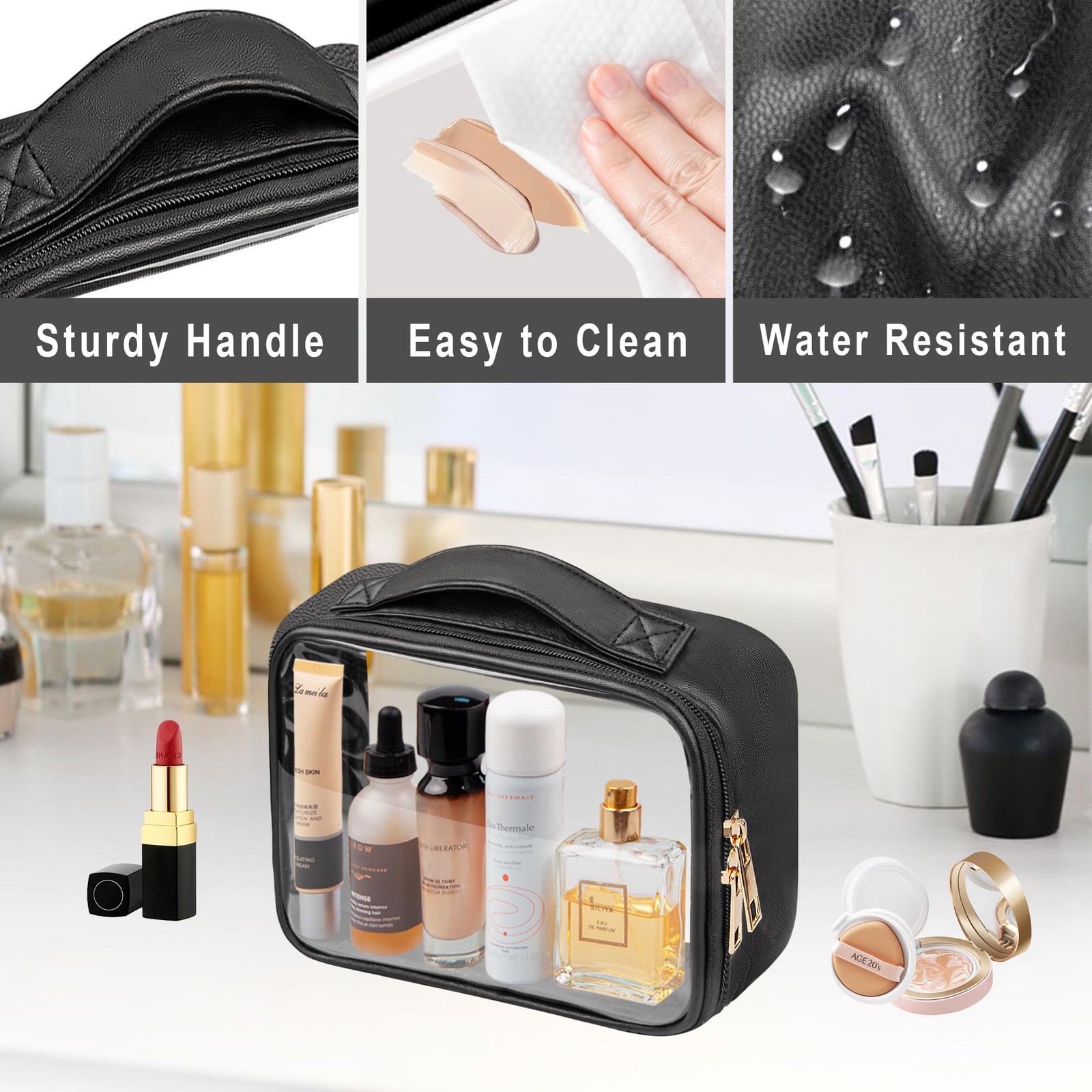 Ebbniur Clear Cosmetic Bags 3pack Makeup Toiletry 7.8*6.3*2.36 inches, Black