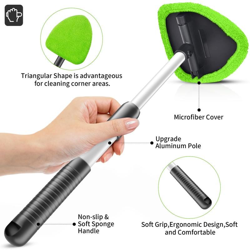 Car Windshield Cleaning Tool 23″ Extendable Handle 4 Reusable Pads In&Out Use