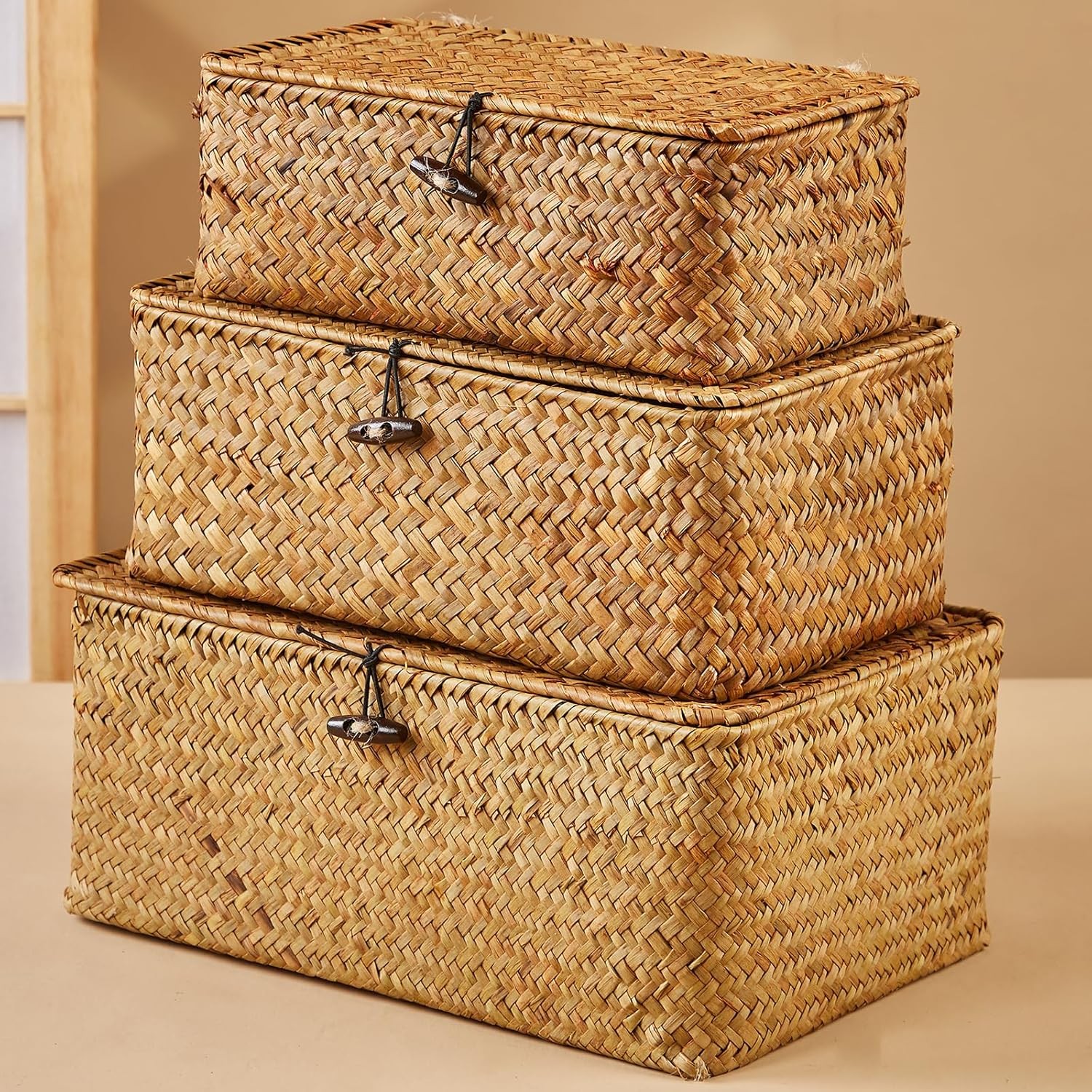 Natural Seagrass Storage Basket Set 3-Piece with Lids Handwoven Boxes