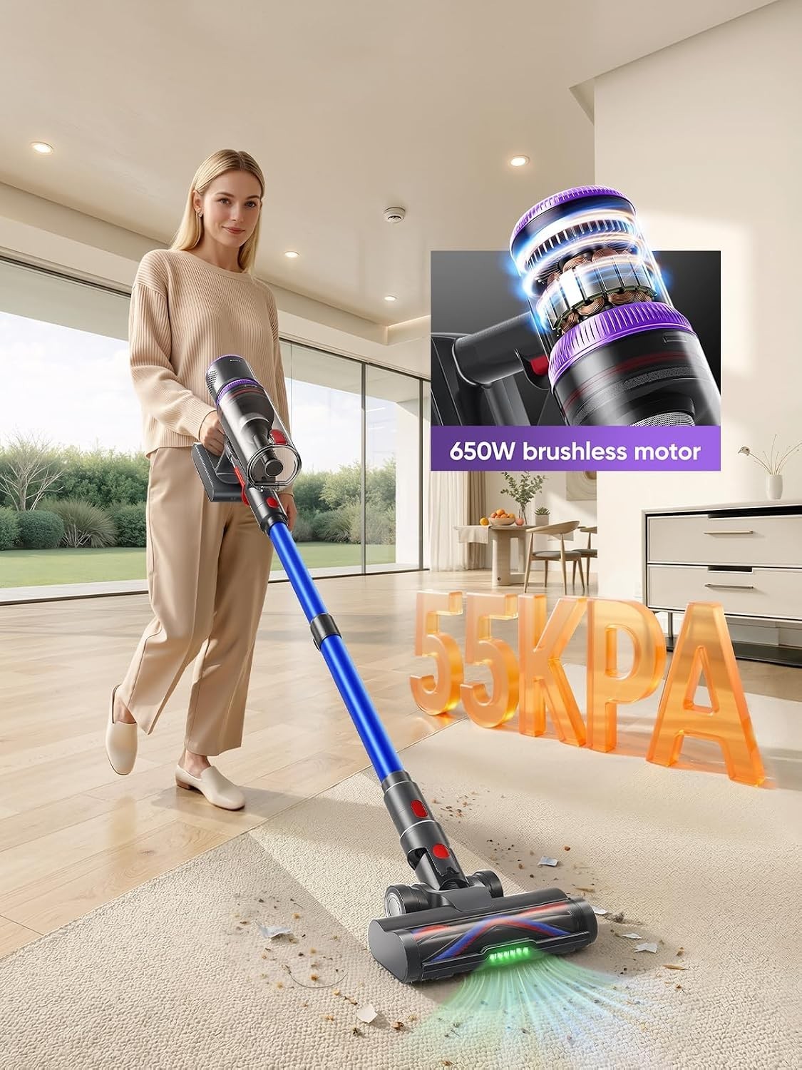 Cordless Vacuum Cleaner 650W 55KPA 70Mins Suction Pet Hair Carpet Floor