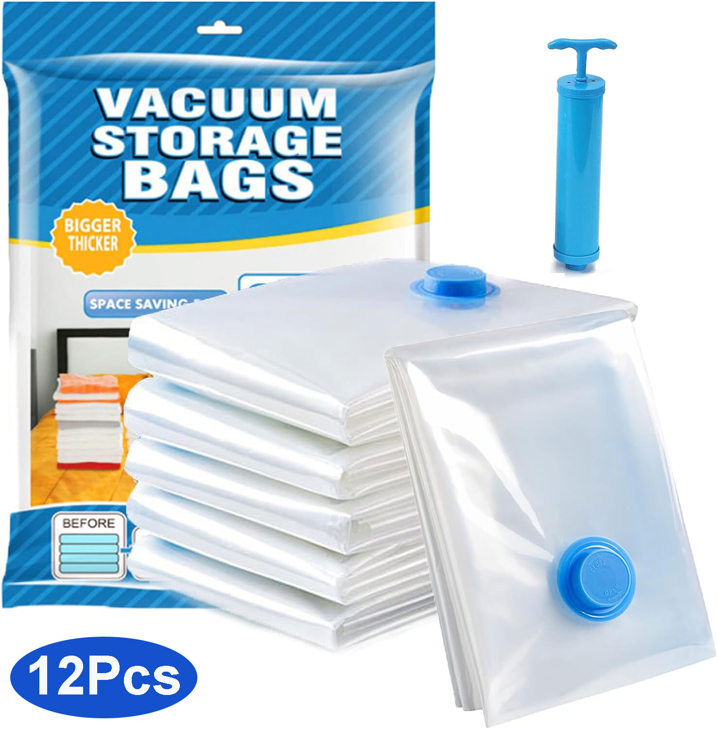 12Pcs Vacuum Storage Bags – 2 Jumbo, 5 Large, 5 Medium – Space Saver+Hand Pump