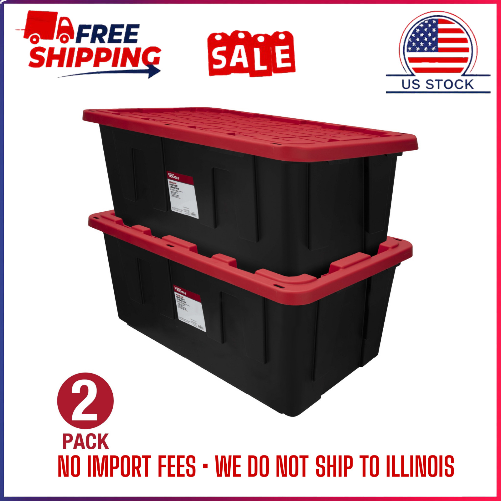 SALE 2 Packs Hyper Tough 40 Gallon XL Storage Bin Snap Lid Black/Red Heavy Duty