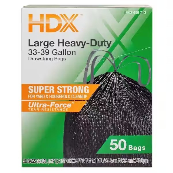 50 Pack HDX 33-39-Gal. Black Heavy Duty Drawstring Trash Bags w/ 20% PCR, Black