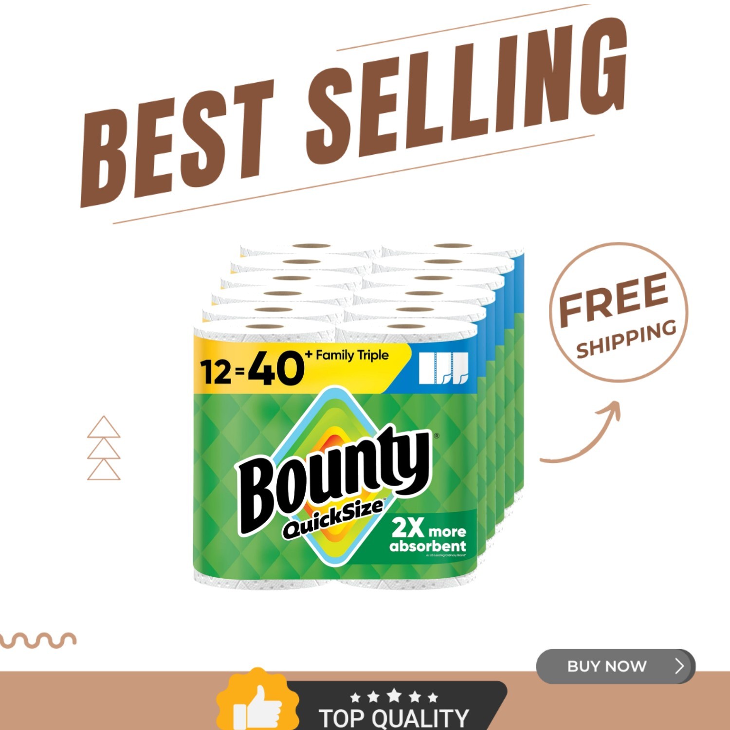 Quick-Size Paper Towels, 12 Family Triple Rolls = 40 Rolls – Super Absorbent