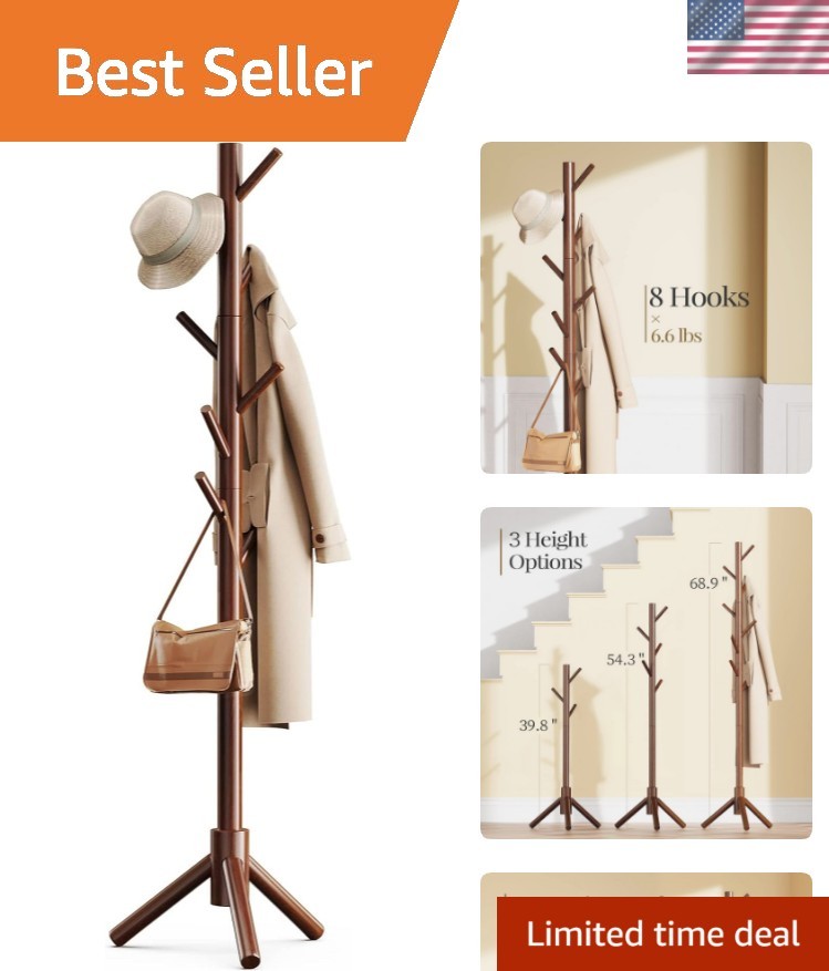 Sturdy Wooden Coat Tree with 8 Hooks, 3 Adjustable Sizes for Clothes, Hat Sta…