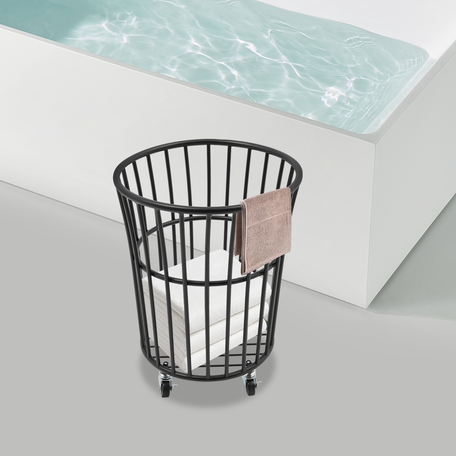 Black Metal Laundry Basket with 4 Wheels,36*40cm Round Barrel Laundry Basket