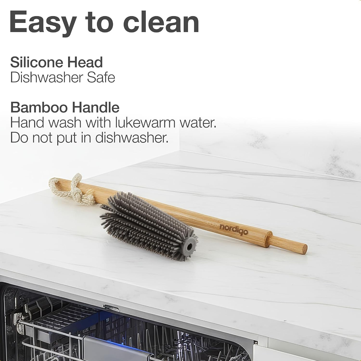 16″ Extra Long Bamboo Bottle Brush with Plastic-Free Silicone Head | Cleans