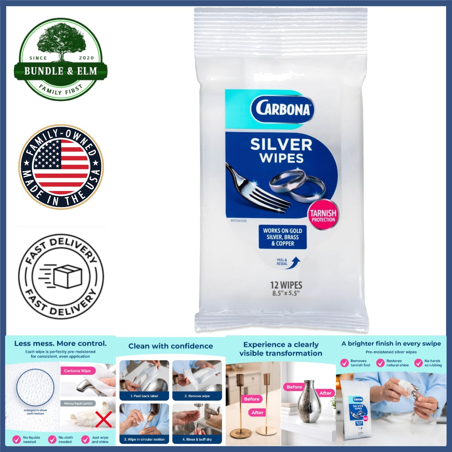 12 Count Metal Cleaner Wipes for Silver, Brass, Gold, and Copper Surfaces