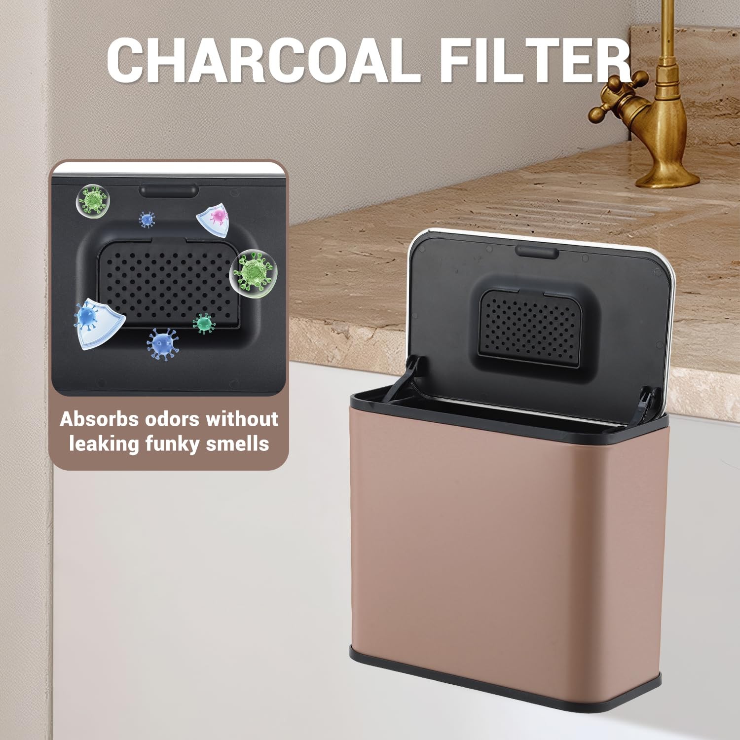 1.3 Gallon 5L Slim Stainless Steel Trash Can Lid Odor Control Charcoal Filter